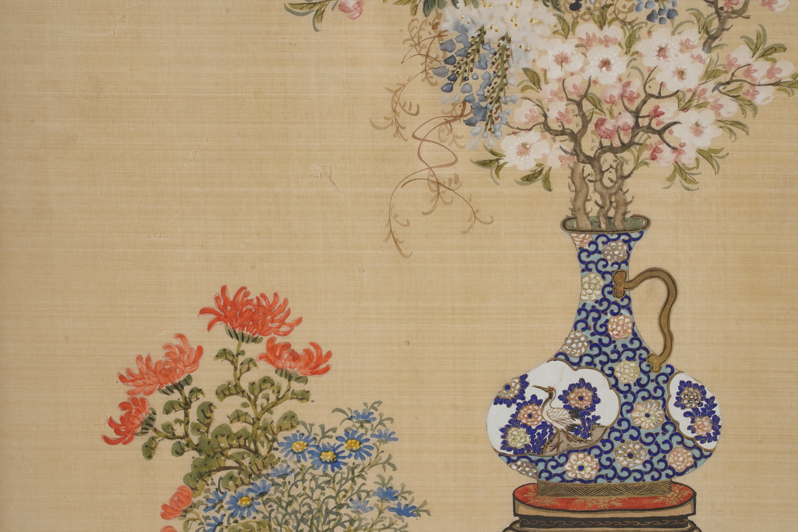 Chinese School , (Early 20th century), Antique vessels and flowers, Ink and colour on silk, 57cm x 36cm